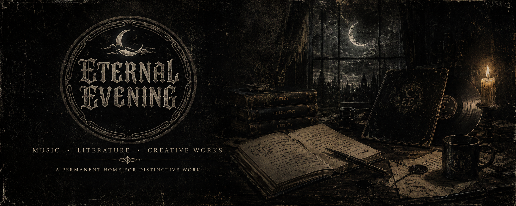 A moonlit writing desk with books, manuscript pages, a record, and the Eternal Evening emblem